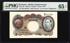 BARBADOS. Government of Barbados. 1 Dollar, 1.6.1943. P-2b. PMG Gem Uncirculated 65 EPQ.
Tied for finest in the PMG population report. A stealthily d...