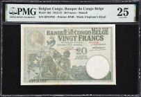 BELGIAN CONGO. Banque du Congo Belge. 20 Francs, 26.7.1926. P-10d. PMG Very Fine 25.
Matadi branch. A wholesome circulated 20-Franc note from the Bel...