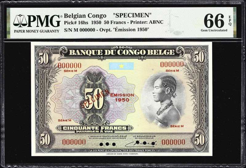 BELGIAN CONGO. Banque du Congo Belge. 50 Francs, 1950. P-16hs. Specimen. PMG Gem...