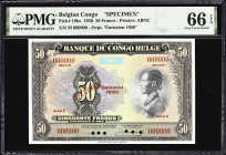 BELGIAN CONGO. Banque du Congo Belge. 50 Francs, 1950. P-16hs. Specimen. PMG Gem Uncirculated 66 EPQ.
Printed by the American Bank Note Company and a...