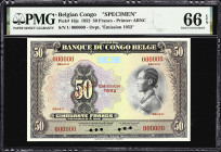 BELGIAN CONGO. Banque du Congo Belge. 50 Francs, 1952. P-16js. Specimen. PMG Gem Uncirculated 66 EPQ.
Final date of issue for this type in specimen f...