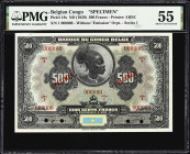 BELGIAN CONGO. Banque du Congo Belge. 500 Francs, ND (1929). P-18s. Specimen. PMG About Uncirculated 55.
Lightly (mis)handled type from Belgian Congo...