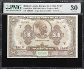 BELGIAN CONGO. Banque du Congo Belge. 500 Francs, 1945. P-18Ac. PMG Very Fine 30.
One of just five notes of this type graded by PMG as of the time of...