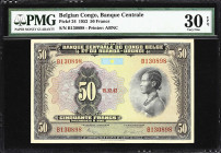 BELGIAN CONGO. Banque Centrale du Congo Belge et du Ruanda-Urundi. 50 Francs, 1952. P-24. PMG Very Fine 30 EPQ.
Fully issued example from one of the ...