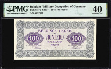 BELGIUM. Armee Belge. 100 Francs, 1.8.1946. P-M7a. SB137. PMG Extremely Fine 40.
The second highest denomination of this series issued in 1946 for us...