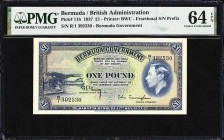 BERMUDA. Bermuda Government. 1 Pound, 12.5.1937. P-11b. PMG Choice Uncirculated 64 EPQ.
Fractional prefix. Good visual appeal is seen on this 1937 1 ...