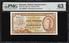 BERMUDA. Bermuda Government. 5 Pounds, 1.8.1941. P-12. PMG Choice Uncirculated 63.
One of the key notes from Bermuda and a type that is not yet found...