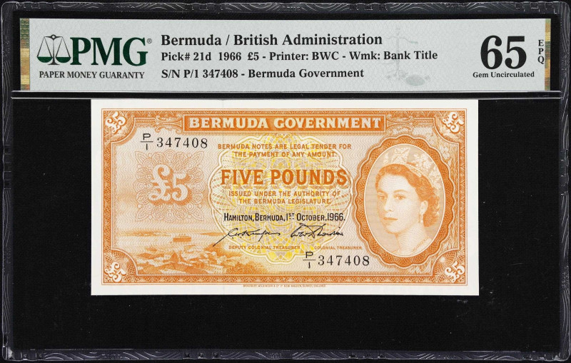 BERMUDA. Bermuda Government. 5 Pounds, 1.10.1966. P-21d. PMG Gem Uncirculated 65...