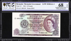 BERMUDA. Bermuda Government. 10 Pounds, 28.7.1964. P-22. Low Serial Number. PCGS Banknote Superb Gem Uncirculated 68 EPQ.
A tremendous offering from ...