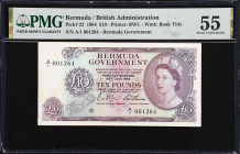 BERMUDA. Bermuda Government. 10 Pounds, 28.7.1964. P-22. PMG About Uncirculated 55.
A nice example of the highest denomination from Bermuda. Some sma...