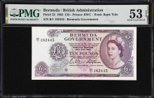 BERMUDA. Bermuda Government. 10 Pounds, 28.7.1964. P-22. PMG About Uncirculated 53 EPQ.
Lightly circulated yet completely original example of the hig...