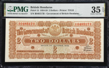 BRITISH HONDURAS. Government of British Honduras. 2 Dollars, 1.10.1928. P-15. PMG Choice Very Fine 35 EPQ.
One of five issued notes of this type in t...