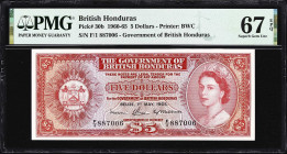 BRITISH HONDURAS. Government of British Honduras. 5 Dollars, 1.5.1965. P-30b. PMG Superb Gem Uncirculated 67 EPQ.
Tied for finest in the PMG populati...