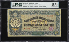BULGARIA. B'lgarska Narodna Banka. 1000 Leva Zlatni, ND (1918). P-26. PMG About Uncirculated 55.
Early 1000 Leva Zlatni in original high grade. A lar...