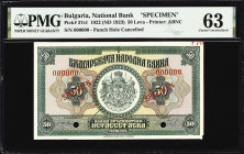 BULGARIA. B'lgarska Narodna Banka. 50 Leva, 1922. P-37s1. Specimen. PMG Choice Uncirculated 63.
This attractive and scarce specimen type from Bulgari...