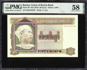 BURMA. Union of Burma Bank. 50 Kyats, ND (1979). P-60. PMG Choice About Uncirculated 58.
The key type for modern Burma. Just the faintest hint of cir...