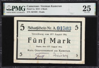 CAMEROON. Kaiserliches Gouvernement von Kamerun. 5 Mark, 12.8.1914. P-1a. PMG Very Fine 25.
The first denomination of this series of German Cameroon,...