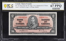 CANADA. Bank of Canada. 2 Dollars, 2.1.1937. BC-22a. PCGS Banknote Superb Gem Uncirculated 67 PPQ.
Osborne - Towers signature combination. Prefix A/B...