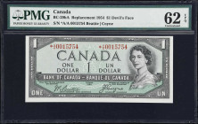 CANADA. Bank of Canada. 1 Dollar, 1954. BC-29bA. Devil's Face. Replacement. PMG Uncirculated 62 EPQ.
Beattie - Coyne signature combination. Replaceme...
