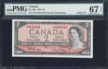 CANADA. Bank of Canada. 2 Dollars, 1954. BC-38b. Solid #4's. PMG Superb Gem Uncirculated 67 EPQ.
Beattie - Rasminsky signature combination. Modified ...