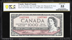 CANADA. Bank of Canada. 1000 Dollars, 1954. BC-44e. PCGS Banknote About Uncirculated 55.
Thiessen - Crow signature combination. A better variety for ...