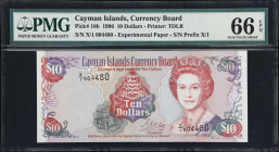 CAYMAN ISLANDS. Cayman Islands Currency Board. 10 Dollars, 1996. P-18b. Experimental Paper. PMG Gem Uncirculated 66 EPQ.
A modern rarity for the Caym...