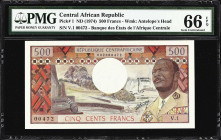 CENTRAL AFRICAN REPUBLIC. Banque des Etats de l'Afrique Centrale. 500 Francs, ND (1974). P-1. PMG Gem Uncirculated 66 EPQ.
A high-grade example of th...