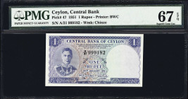 CEYLON. Central Bank of Ceylon. 1 Rupee, 20.1.1951. P-47. PMG Superb Gem Uncirculated 67 EPQ.
Intense blue color is seen on this 1951-dated 1 Rupee f...