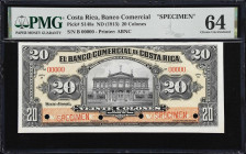 COSTA RICA. Banco Comercial de Costa Rica. 20 Colones, ND (1913). P-S148s. Specimen. PMG Choice Uncirculated 64.
The next denomination in specimen fo...