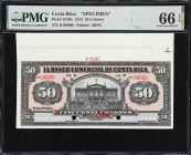 COSTA RICA. Banco Comercial de Costa Rica. 50 Colones, ND (1914). P-S149s. Specimen. PMG Gem Uncirculated 66 EPQ.
The second-highest denomination of ...