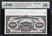 COSTA RICA. Banco Comercial de Costa Rica. 100 Colones, ND (1914). P-S150s. Specimen. PMG Choice About Uncirculated 58 EPQ.
An original example of th...