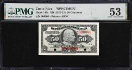 COSTA RICA. Lot of (5). Republica de Costa Rica. 50 Centimos, 1, 2, 50, & 100 Colones, ND (1917-21). P-147s, 148s, 149s, 150s, & 150As. Specimens. PMG...