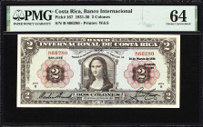 COSTA RICA. Banco Internacional de Costa Rica. 2 Colones, 10.3.1936. P-167. PMG Choice Uncirculated 64.
The ever-popular Mona Lisa note from Costa Ri...
