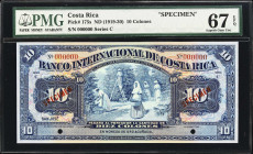 COSTA RICA. Banco Internacional de Costa Rica. 10 Colones, ND (1919-30). P-175s. Specimen. PMG Superb Gem Uncirculated 67 EPQ.
This is an attractive ...