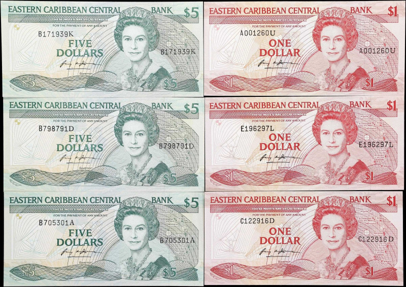 EAST CARIBBEAN STATES. Lot of (6). Eastern Caribbean Central Bank. 1 & 5 Dollars...