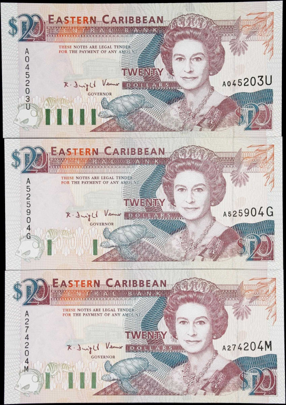 EAST CARIBBEAN STATES. Lot of (3). Eastern Caribbean Central Bank. 20 Dollars, N...