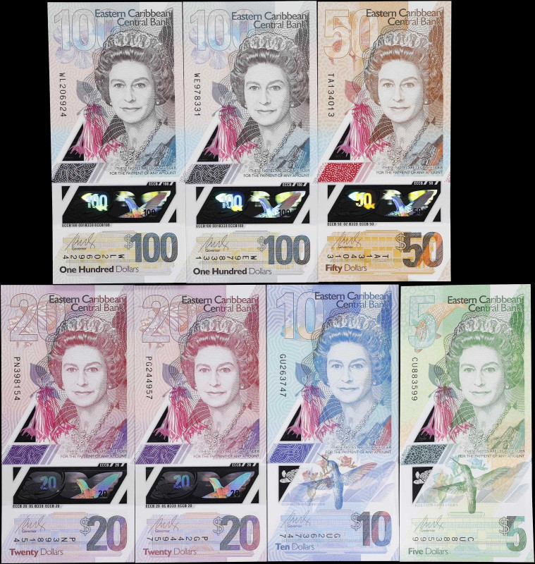 EAST CARIBBEAN STATES. Lot of (7). Eastern Caribbean Central Bank. 5, 10, 20, 50...