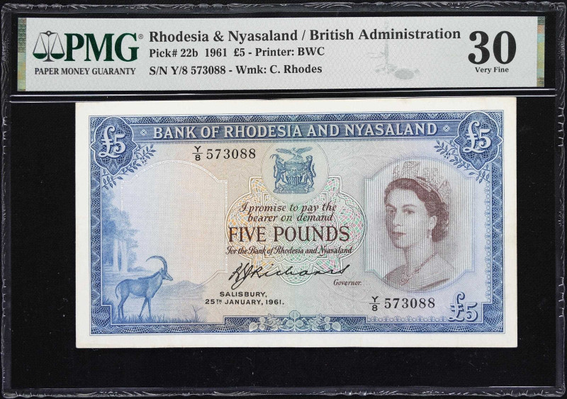 RHODESIA & NYASALAND. Bank of Rhodesia & Nyasaland. 5 Pounds, 25.1.1961. P-22b. ...
