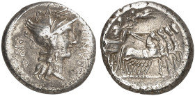 RÖMISCHE MÜNZEN. RÖMISCHE REPUBLIK. L. Cornelius Sulla und L. Manlius Torquatus.&nbsp;&nbsp; 
 Denar, 82 v. Chr. Romabüste / Quadriga.
Cr. 367/1; S....
