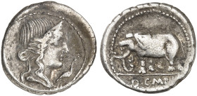 RÖMISCHE MÜNZEN. RÖMISCHE REPUBLIK. Q. Caecilius Metellus Pius.&nbsp;&nbsp; 
 Denar, 81 v. Chr. Kopf der Pietas, davor Storch / Elefant.
Cr. 374/1; ...