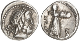 RÖMISCHE MÜNZEN. RÖMISCHE REPUBLIK. L. Procilius.&nbsp;&nbsp; 
 Denar, 80 v. Chr. Iuppiterkopf / Stehende Iuno Sospita, davor Schlange.
Cr. 379/1; S...