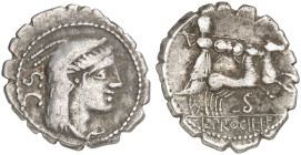 RÖMISCHE MÜNZEN. RÖMISCHE REPUBLIK. L. Procilius.&nbsp;&nbsp; 
 Denar (Serratus), 80 v. Chr. Kopf der Iuno Sospita / Dieselbe in Biga, unten Schlange...