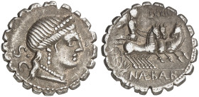 RÖMISCHE MÜNZEN. RÖMISCHE REPUBLIK. C. Naevius Balbus.&nbsp;&nbsp; 
 Denar, 79 v. Chr. (Serratus). Venuskopf / Victoria in Triga.
Cr. 382/1; S. 769 ...