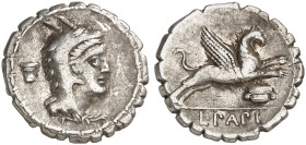 RÖMISCHE MÜNZEN. RÖMISCHE REPUBLIK. L. Papius.&nbsp;&nbsp; 
 Denar (Serratus), 79 v. Chr. Kopf der Iuno Sospita / Springender Greif.
Cr. 384/1; S. 7...