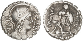 RÖMISCHE MÜNZEN. RÖMISCHE REPUBLIK. Mn. Aquilius.&nbsp;&nbsp; 
 Denar (Serratus), 71 v. Chr. Behelmte Büste der Virtus / Krieger hilft der gestürzten...