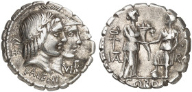 RÖMISCHE MÜNZEN. RÖMISCHE REPUBLIK. Q. Fufius Calenus u. a.&nbsp;&nbsp; 
 Denar, 70 v. Chr. (Serratus). Köpfe von Honos und Virtus / Stehende Italia ...