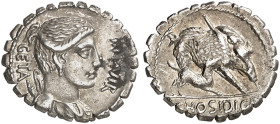 RÖMISCHE MÜNZEN. RÖMISCHE REPUBLIK. C. Hosidius Geta.&nbsp;&nbsp; 
 Denar, 68 v. Chr. (Serratus). Dianabüste / Eber von Speer getroffen und von Hund ...
