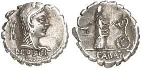 RÖMISCHE MÜNZEN. RÖMISCHE REPUBLIK. L. Roscius Fabatus.&nbsp;&nbsp; 
 Denar (Serratus), 64 v. Chr. Kopf der Iuno Sospita / Mädchen vor Schlange.
Cr....