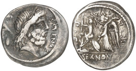 RÖMISCHE MÜNZEN. RÖMISCHE REPUBLIK. N. Nonius Sufenas.&nbsp;&nbsp; 
 Denar, 59 v. Chr. Kopf des Saturn / Victoria bekränzt Roma.
Cr. 421/1; S. 885 3...