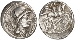 RÖMISCHE MÜNZEN. RÖMISCHE REPUBLIK. P. Fonteius Capito.&nbsp;&nbsp; 
 Denar, 55 v. Chr. Marsbüste / Reiter über gestürzten Feinden.
Cr. 429/1, S. 90...